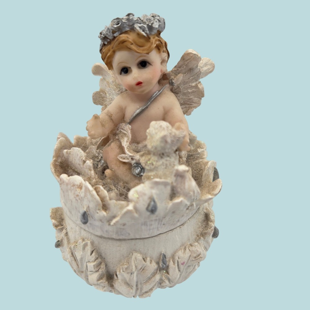 Angel Cherub Trinket Box Small Cream Whimsical Glitter Resin Leaf Decor